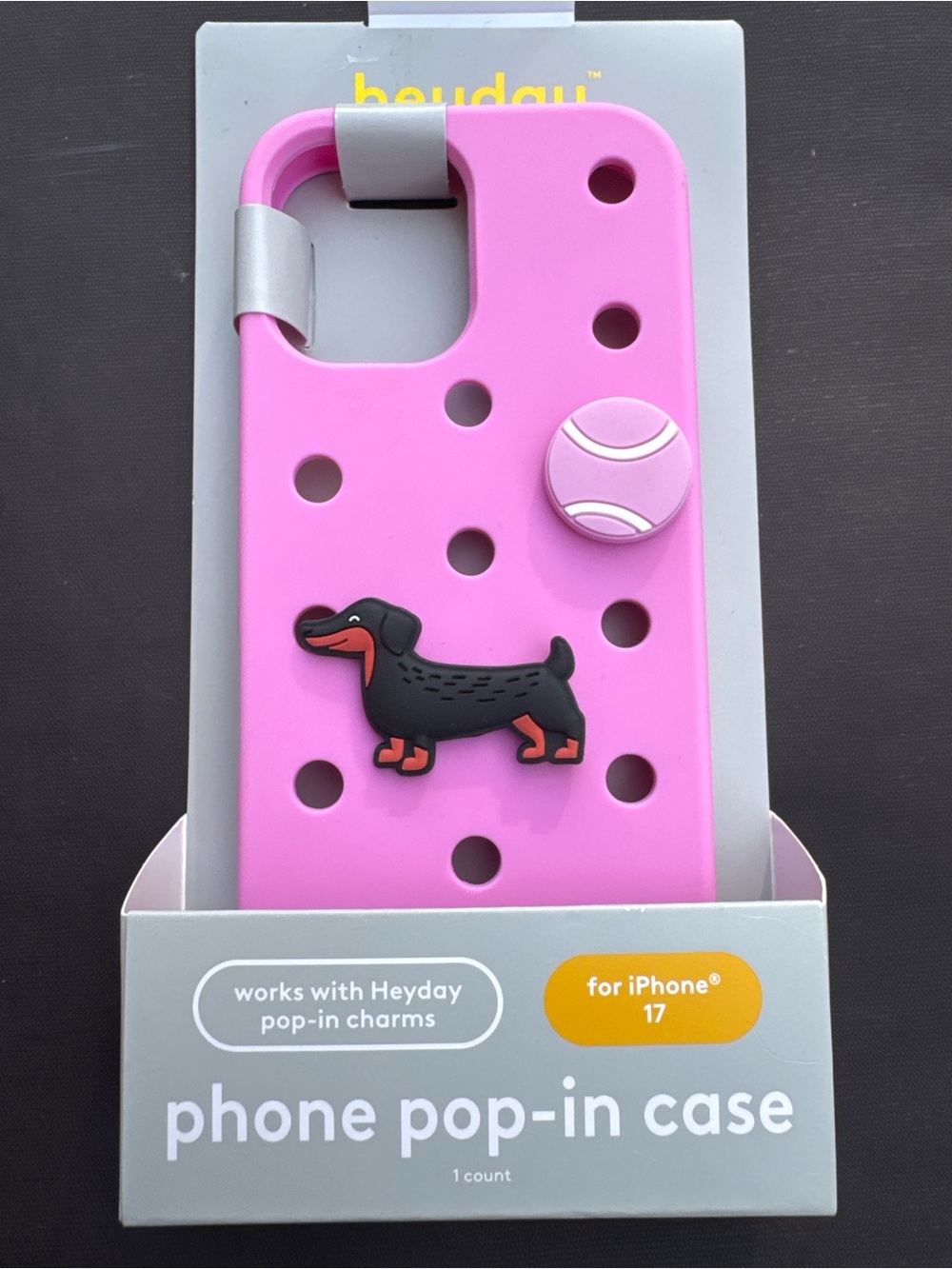 heyday Pink Silicone Phone Pop-In Case with Dachshund Charm